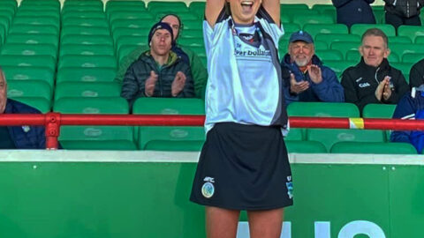 Emma Falahee Newcastlewest Camogie Captain lifts the cup on behalf of Newcastle West here in TUS Gaelic Grounds