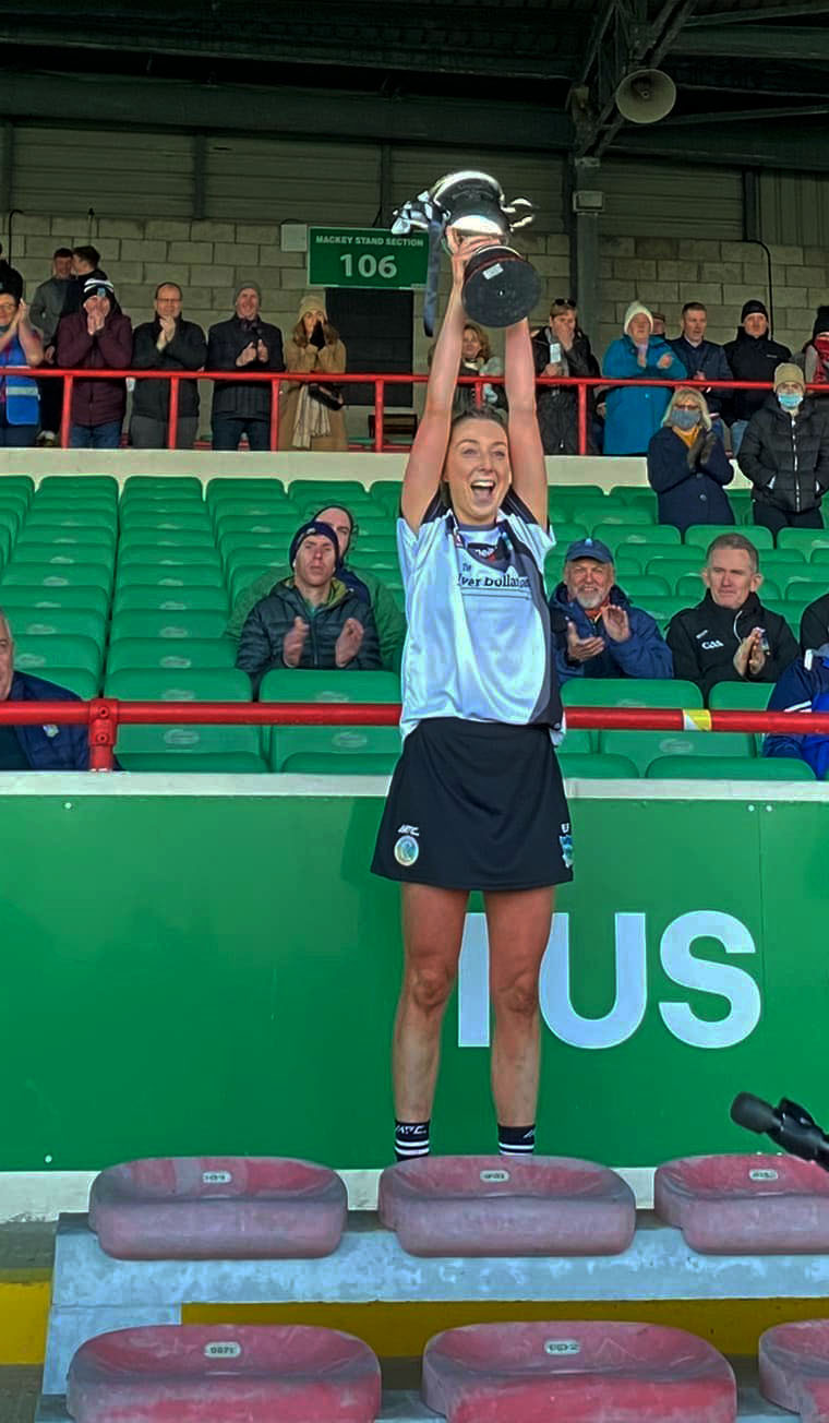 Emma Falahee Newcastlewest Camogie Captain lifts the cup on behalf of Newcastle West here in TUS Gaelic Grounds