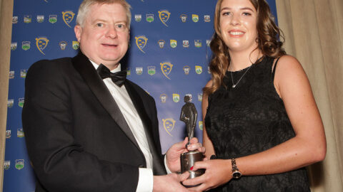 Doireanne Murphy of Clare receiving the Munster Camogie player of the year at the Munster GAA Awards on Saturday last.
