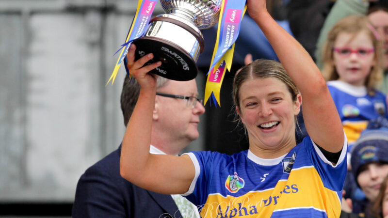 Karen Kennedy captain of the Tipperary team raising the cup after 20 years